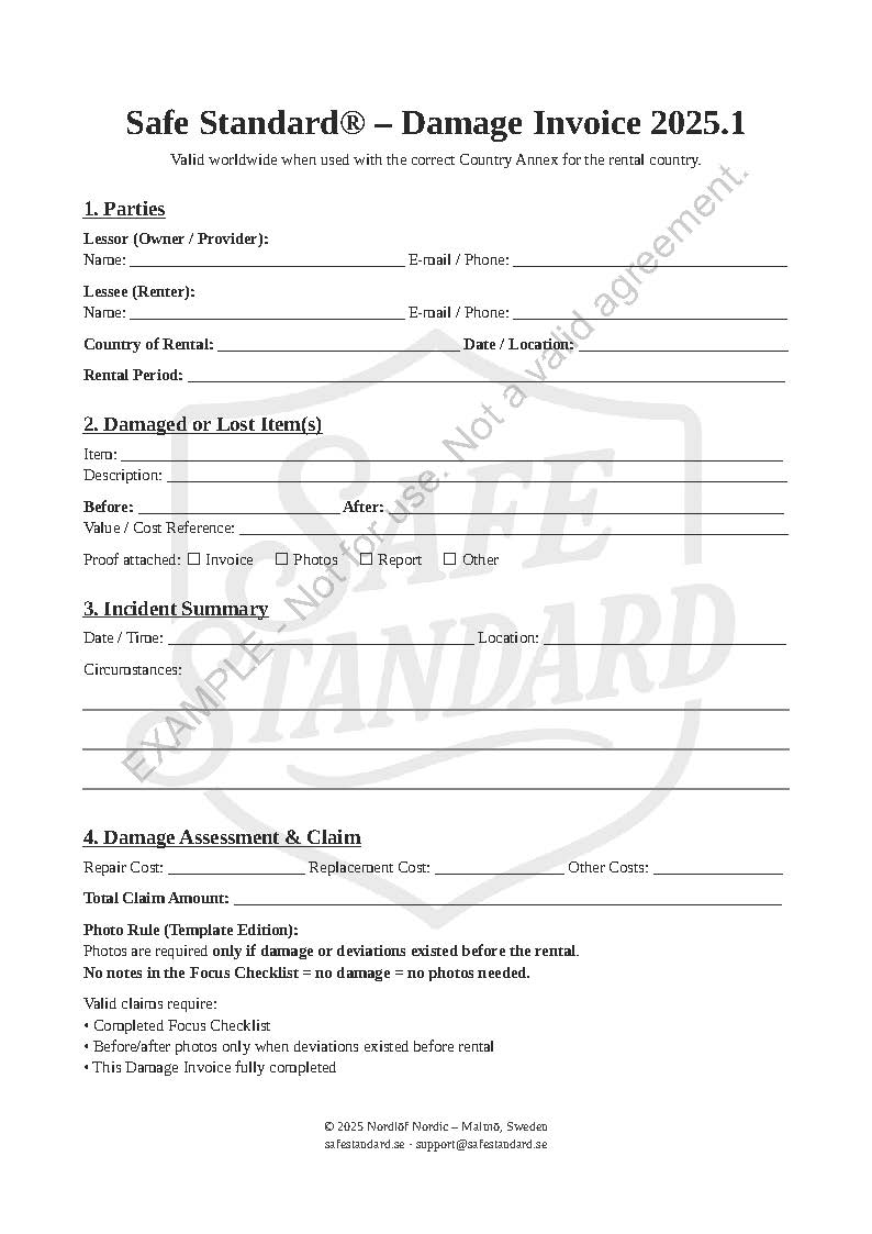 Damage invoice template for rental documentation and dispute claims
